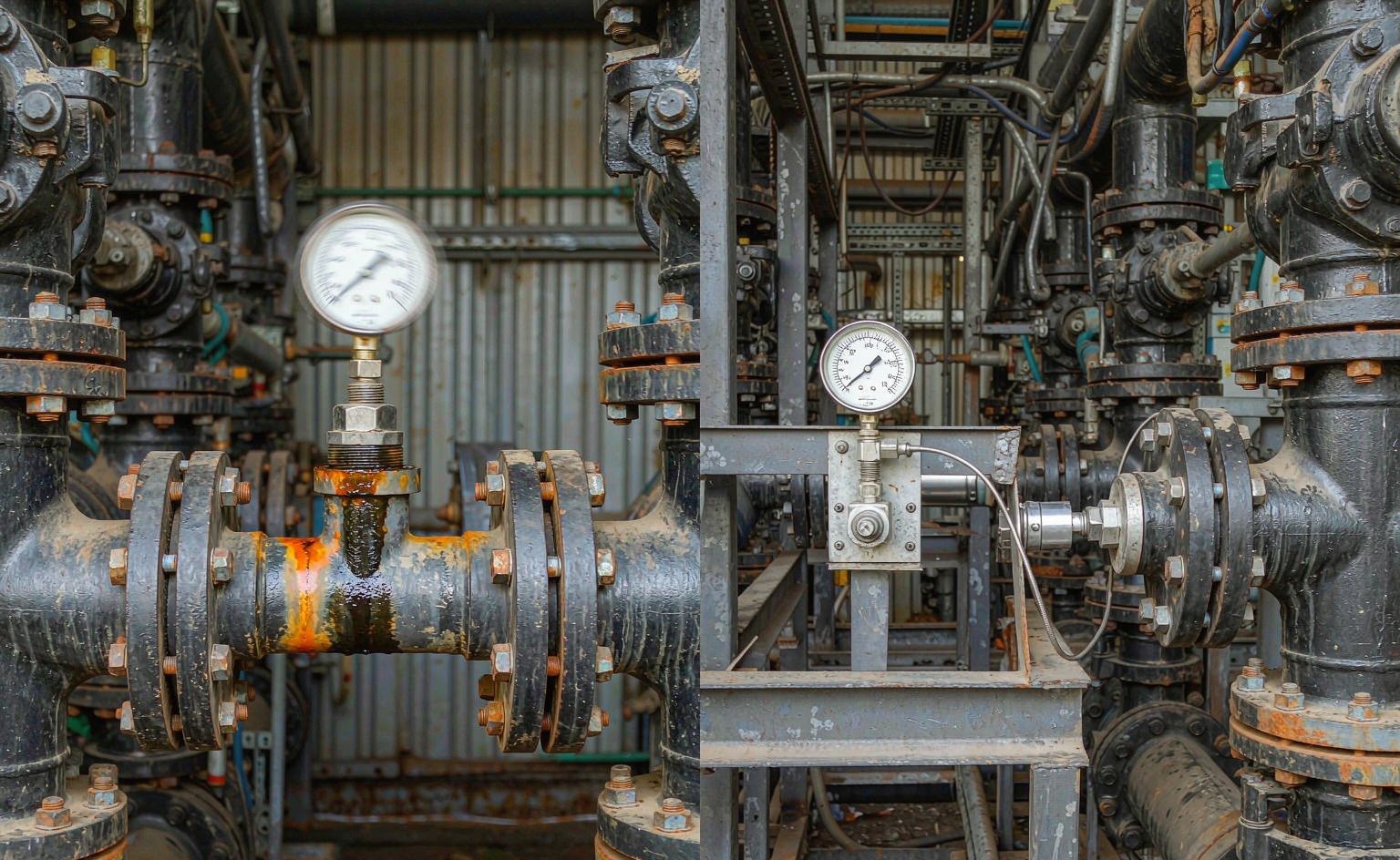 Two gauge installations compared: direct mounting on a moving point versus a remote or braced mounting arrangement